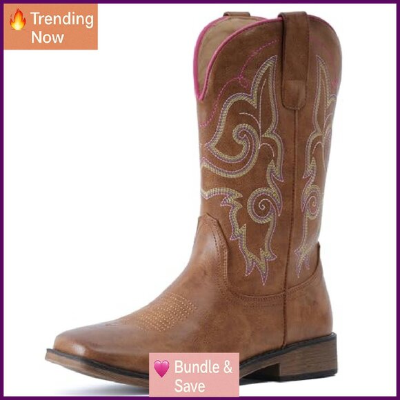 Women's Square Toe Embroidered Cowboy Boots Mid Calf Pull On Western Fashion - Picture 2 of 8